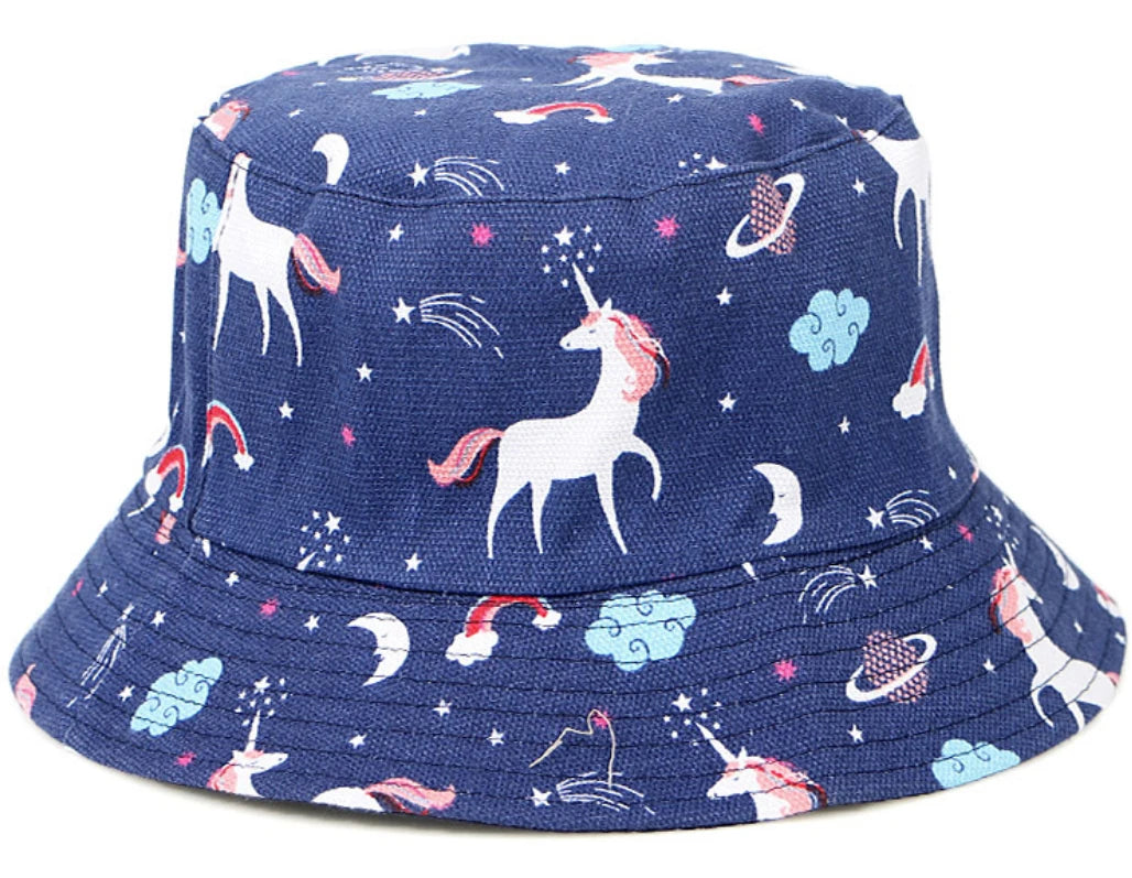 Four Seasons Fashion Sun Hat Cotton Canvas Double Sides Wearing Print Bucket Unicorn Hat