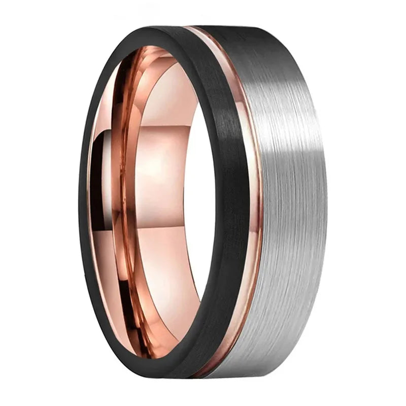 Black Rose Gold Tungsten Wedding Ring Silver Brushed Finish for Men Women Tow Tone Center Grooved Stainless Steel Rings