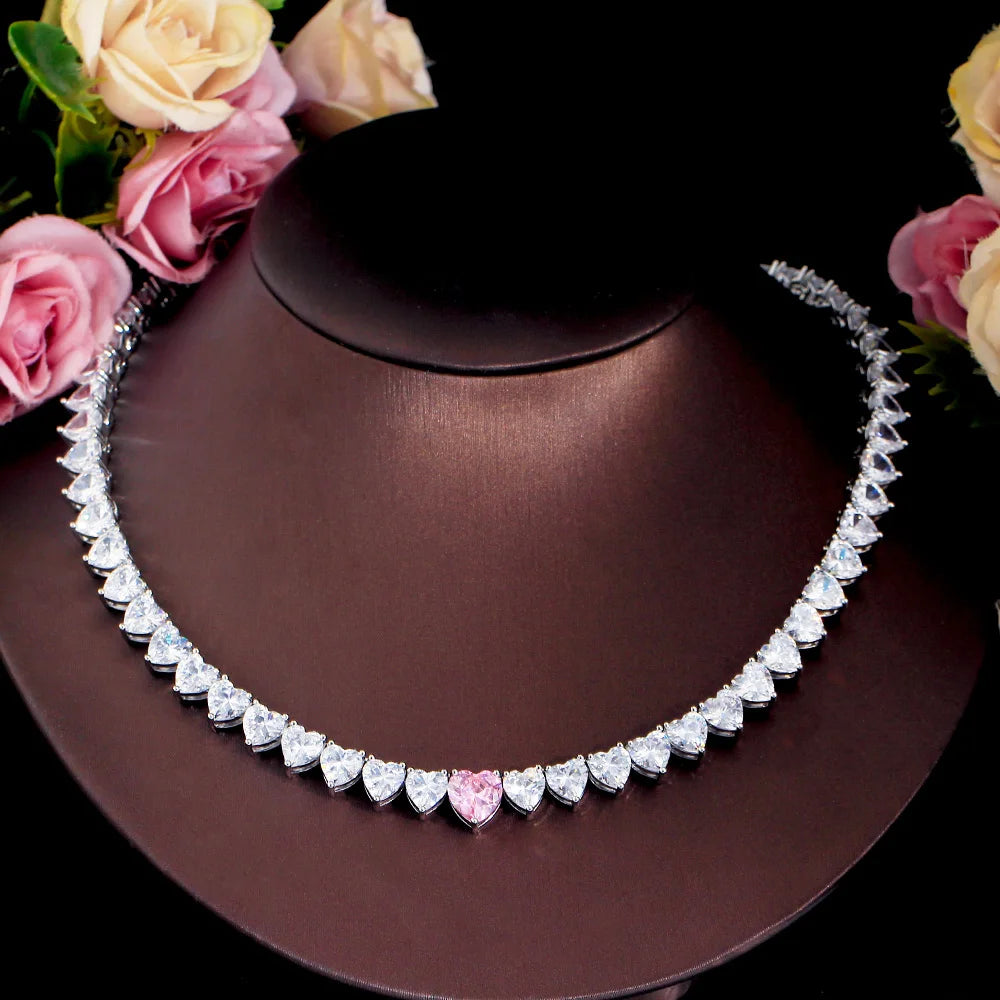 Sparking White Heart Shaped Cubic Zirconia Stone Silver Plated Wedding Bridal Tennis Necklace Jewelry for Women CZ Accessories
