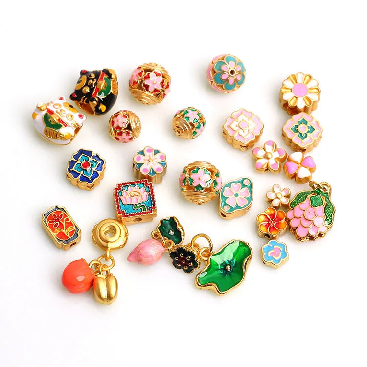 JS1722 Vintage Asian Style Blue Enamel Matte Gold Cloisonne Flower Pattern Ball BeadsOm Mani Padme Hum Cloisonne Round Jewelry
