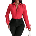 Autumn New Fashion Solid Color Long Sleeve Feather Cuff Lapel Blouses for Women