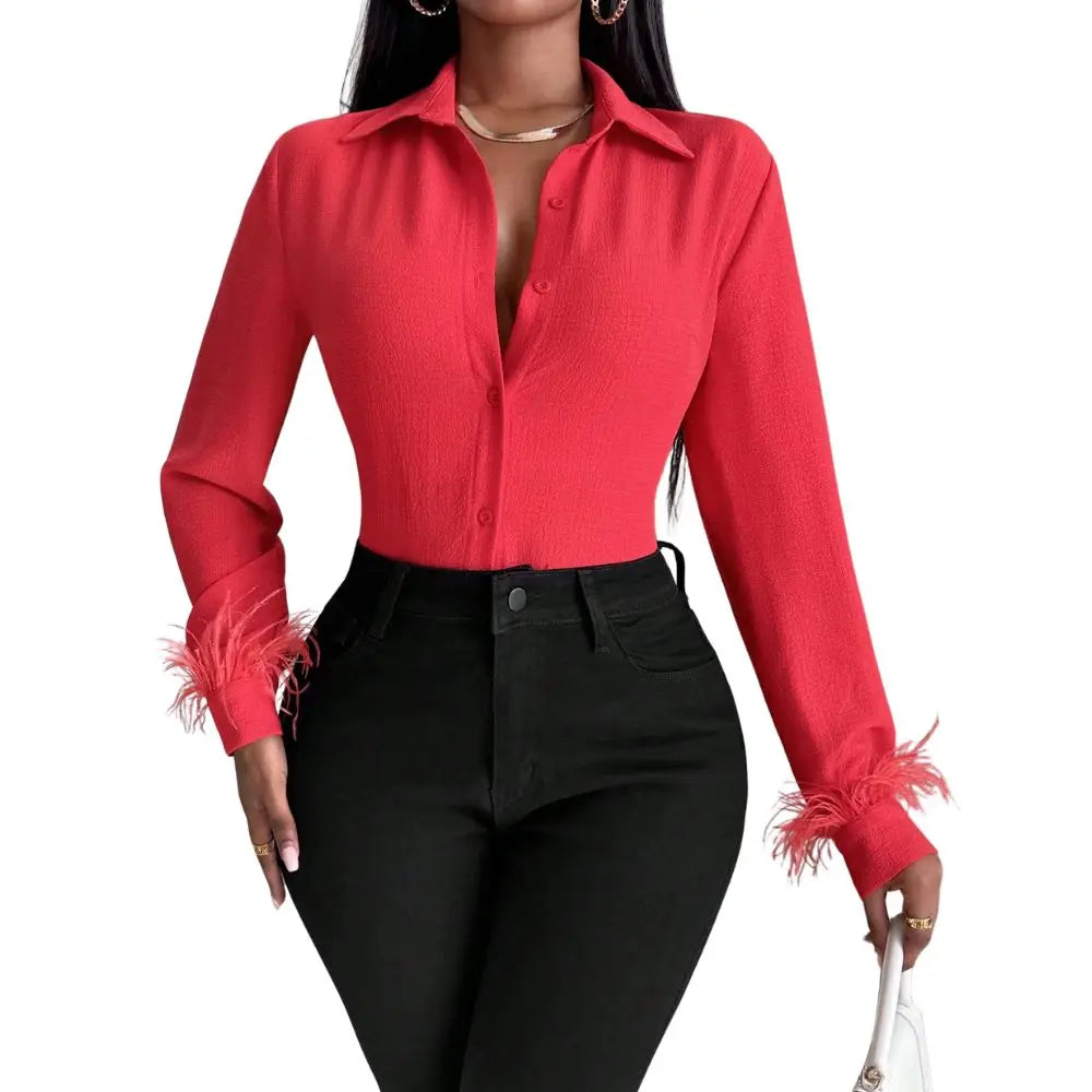 Autumn New Fashion Solid Color Long Sleeve Feather Cuff Lapel Blouses for Women