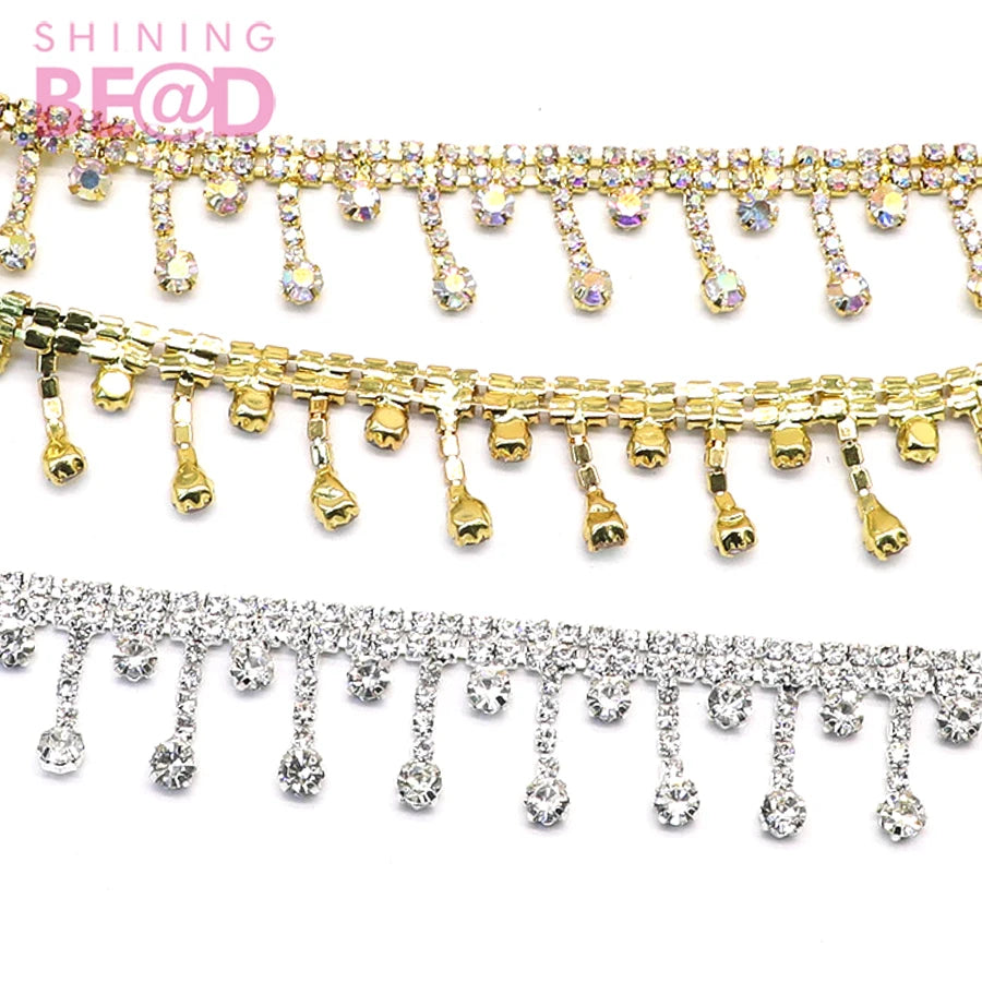 Sew on Crystal AB Rhinestone Fringe Trim Yards Chain Applique for Bridal Dress Garment Decoration Trimming