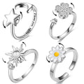 Dainty Tarnish Free Silver Plated Zircon Flower Four Leaf Clover Moon Sun Fidget Spinner Anxiety Rings Jewelry for Women