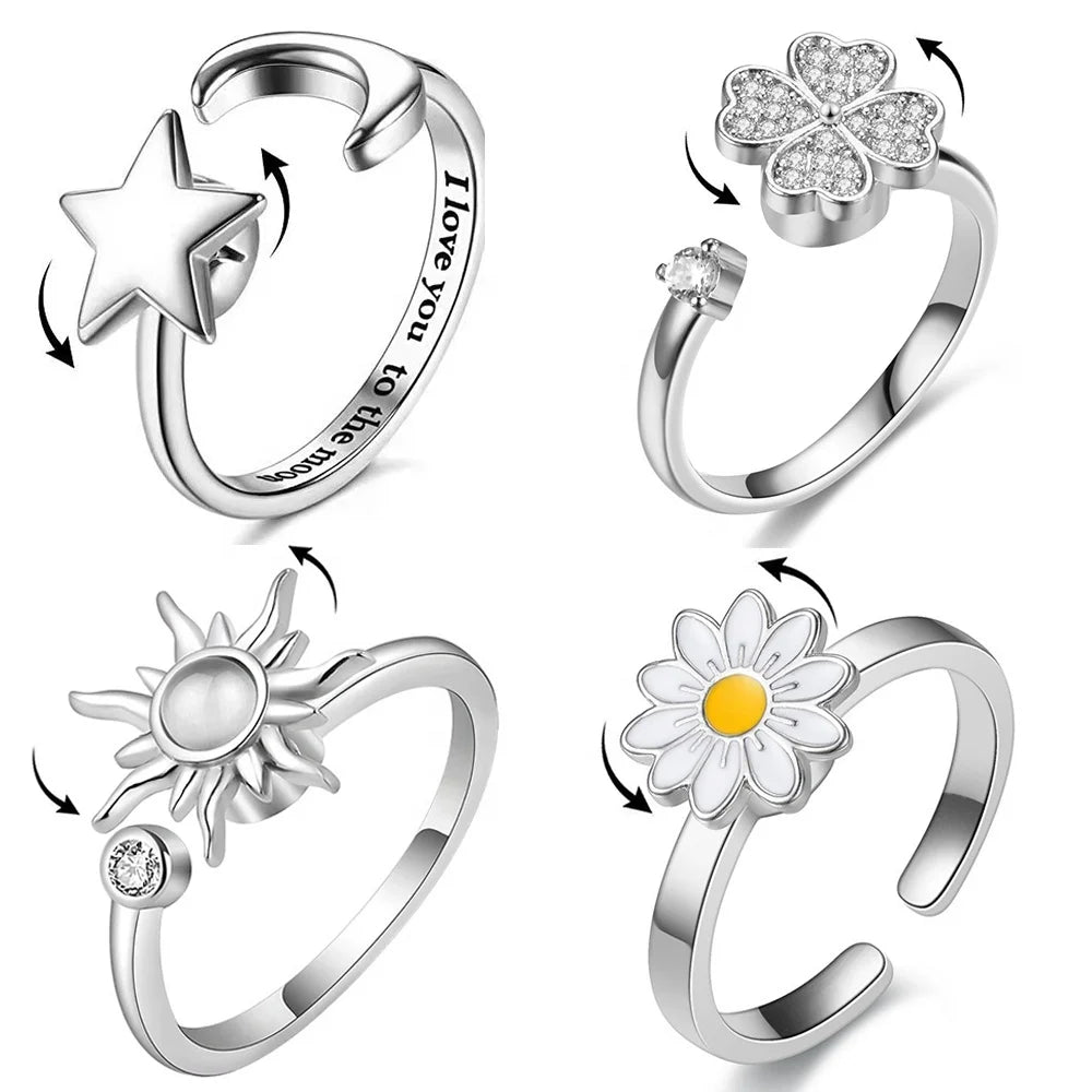 Dainty Tarnish Free Silver Plated Zircon Flower Four Leaf Clover Moon Sun Fidget Spinner Anxiety Rings Jewelry for Women