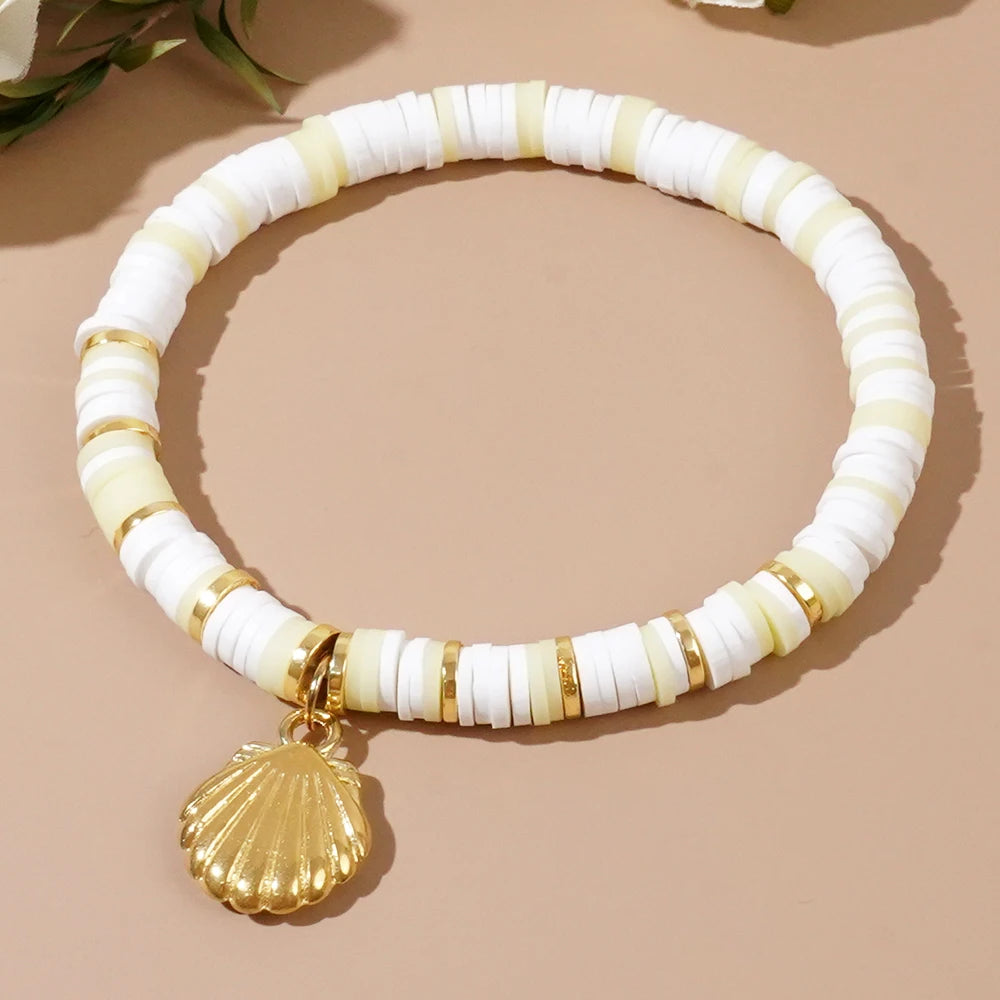 Go2boho Friendship Bracelets Boho Polymer Beaded Stretch Design Alloy Shell Pendant Fashion Jewelry Clay Bead Bracelet for Women