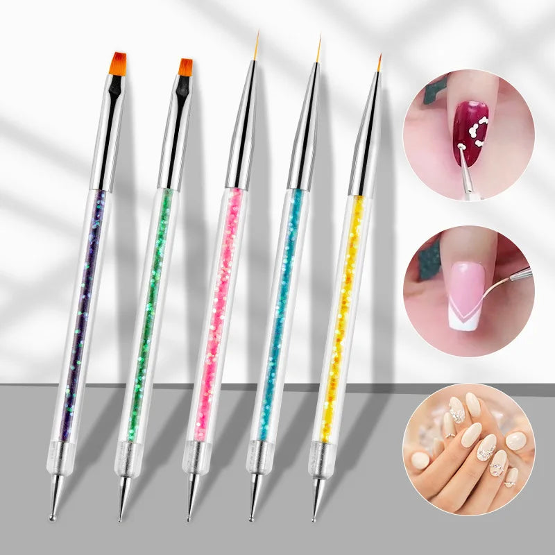 Factory Wholesale 5 Pcs Nail Art Liner Brushes Point Drill Drawing Brush Pen Double Ended Dotting Painting Tools Set