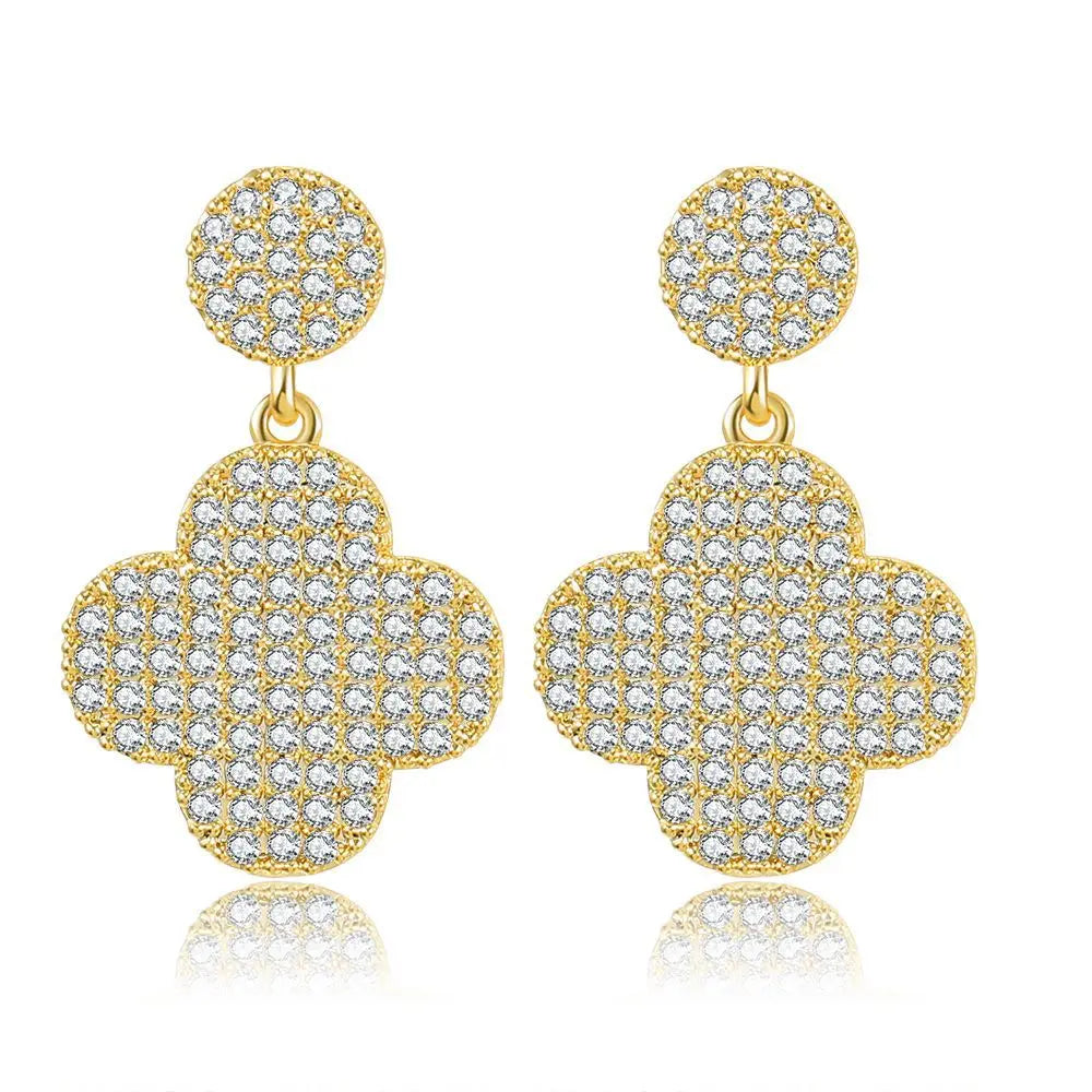 S925 Silver Pin Korean Creative Brass Women 18k Gold Zircon Luxury Jewelry  Petal Flower Pendant Drop Four Leaf Clover Earrings