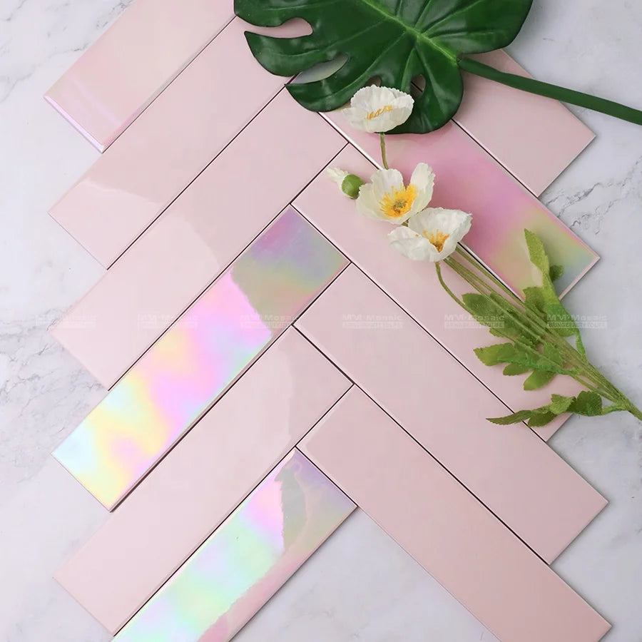 65*265mm Rainbow Iridescent Long Subway Pink Ceramic Bathroom Wall Tile for Backsplash Kitchen Restaurant Hotel Project
