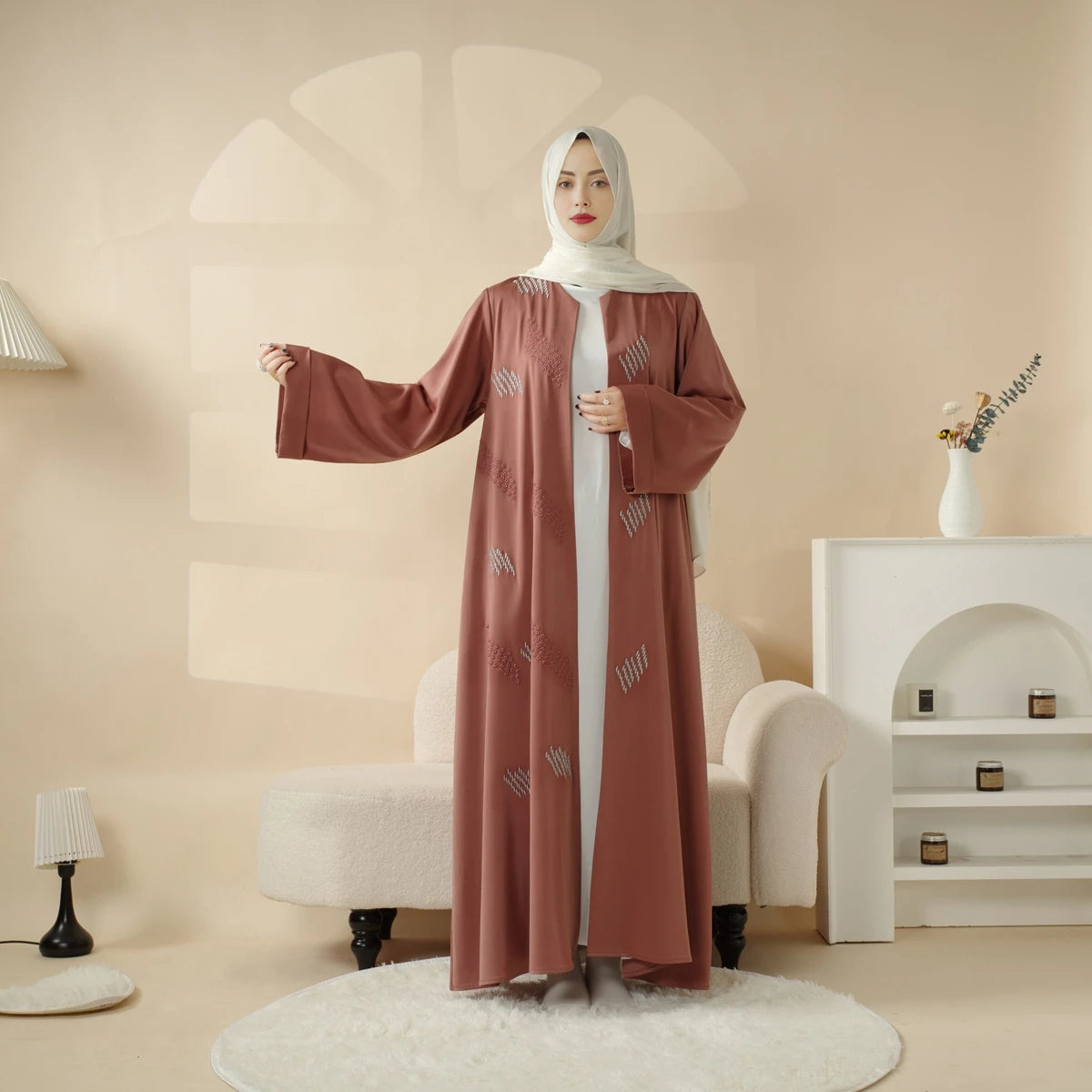 Top Selling Modest Plus Size Women Muslim Long Sleeve 3D Embroidery Abaya Dress with Geometric Beads Anti-static Seamless