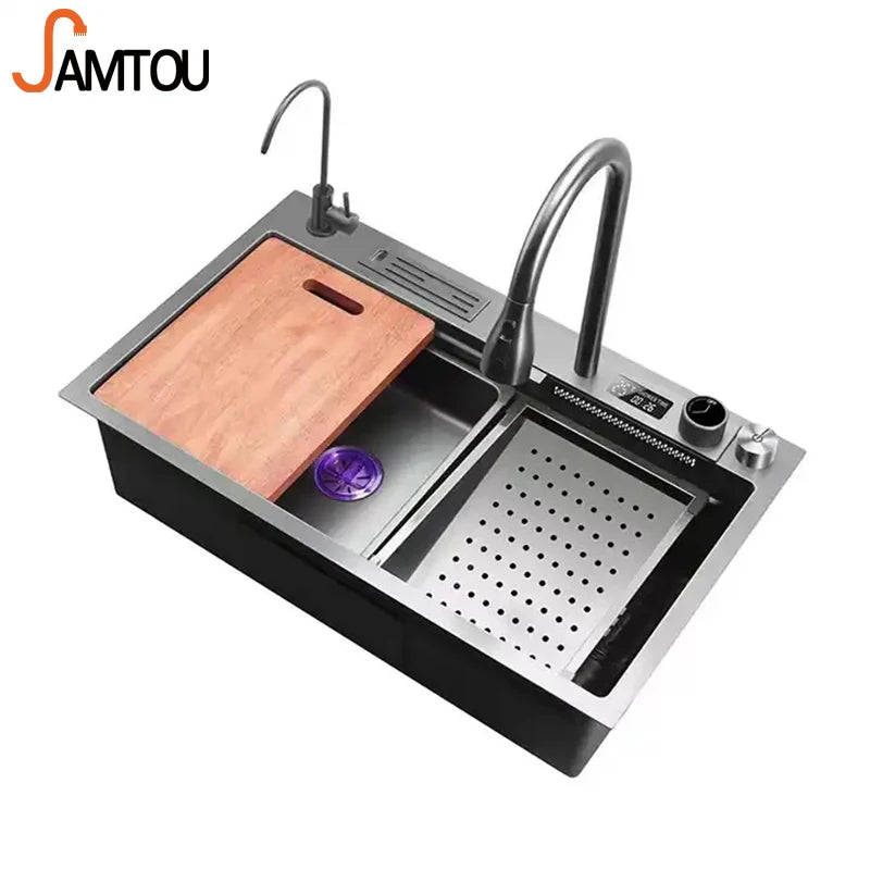 Fregadero De Cocina Multifunctional Black Stainless Steel Single Bowl Waterfall Kitchen Sink with Knife Holder