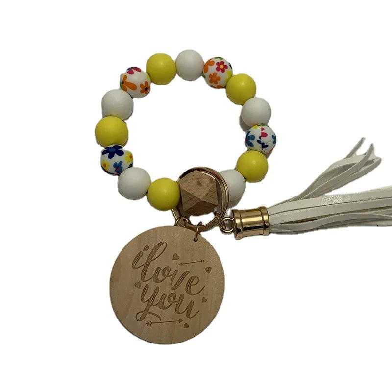 Stock Keychain Factory  Valentines Day Gifts 2024 Silicone Wood Bead Disc Tassel Pendant Wristlet Bracelet Keychain
