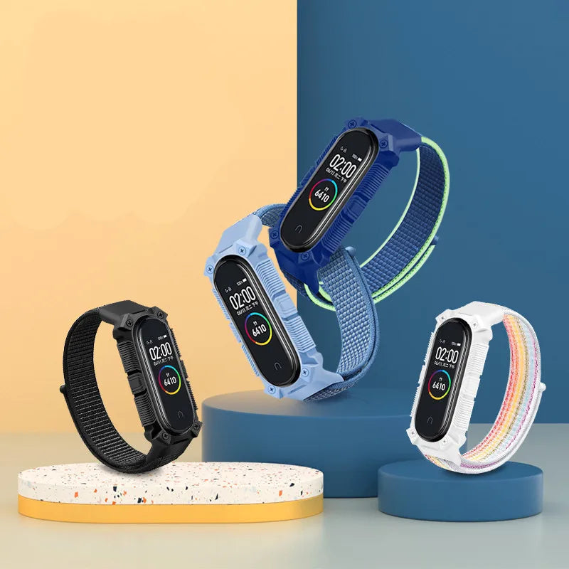 Forwelleny Factory Wholesale Watch Band for Mi Band 7 6 5 4 3 Elastic Soft Nylon Wristband Strap With  armor case