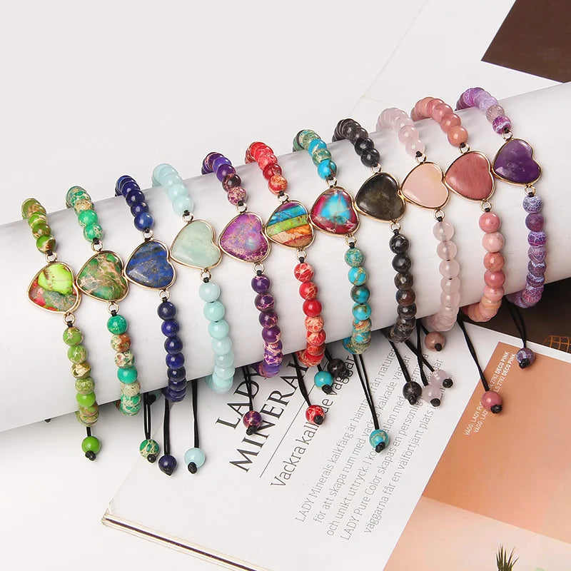 Colorful Imperial Jasper Beads Bracelet Adjustable Rope Heart Shape Charm Adjustable Bracelet Women
