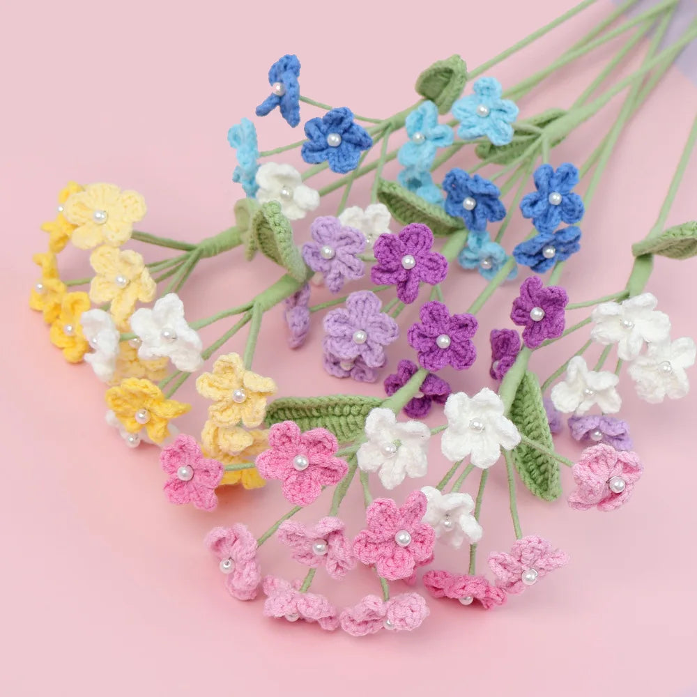 New Arrival 7-Head Crochet Woolen Knitted Flower Ornament Multi-Color Forget-me-not Branch Pearl Leaf Valentine's Day New Year