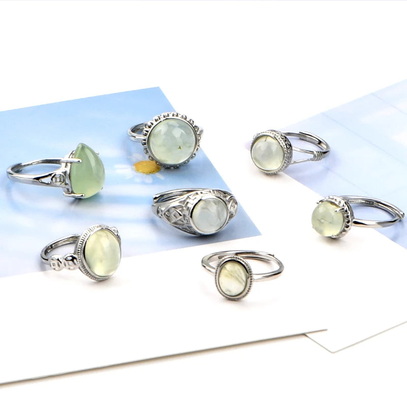 Factory Fast Delivery Natural Prehnite 9to12mm Oval Ring Copper Adjustable Prehnite Oval Ring