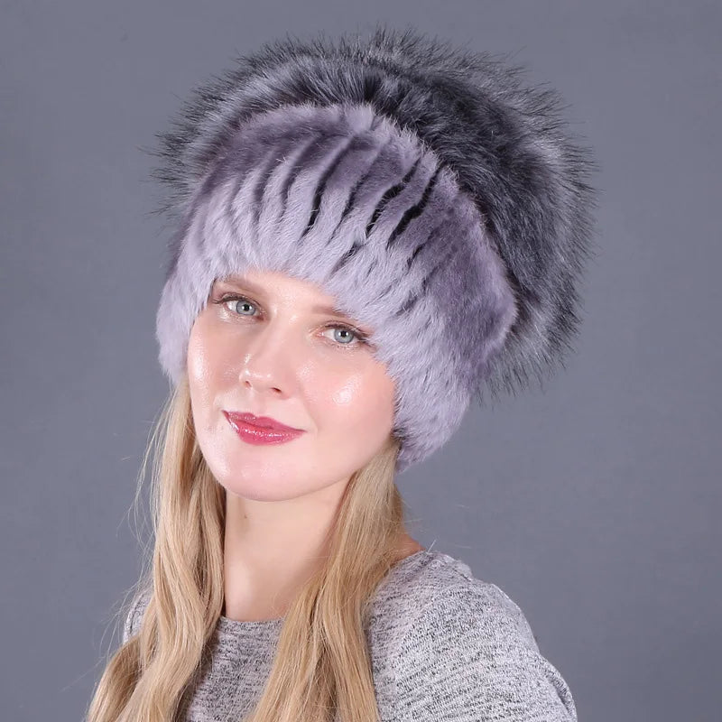 Winter Warm Women Big Fur Pompom Real Rabbit Fur Russia Fur Hats Beanie Hat