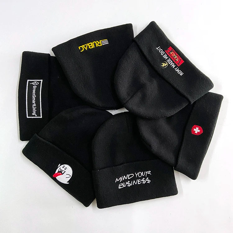 Hot Sale Toque Plain Beanie Hat Winter Knitted Cap Flat 3D Embroidery Logo Custom Fold Cuff Beanie Black Custom Color