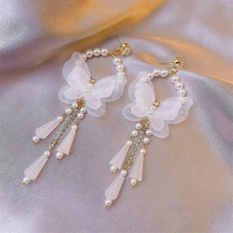 Long Tassel Crystal Drop Earrings for Women Korean Style White Butterfly Pearl Dangle Earrings Jewelry Gifts