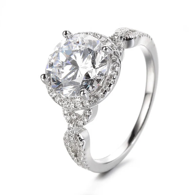 Women's S925 Silver Rhodium-Plated Fine Jewelry Brilliant Moissanite Link Twist Cluster Ring for Engagement or Anniversary