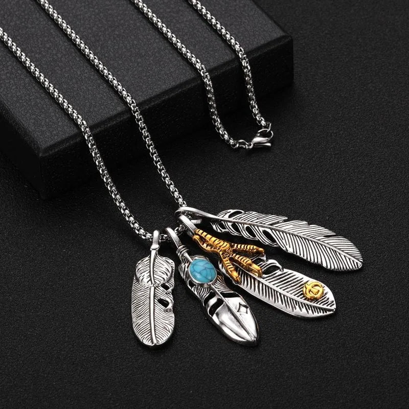 Four Feathers Summer Necklaces Stainless Steel Chain Pendant Necklace Alloy Jewelry Hiphop Necklace