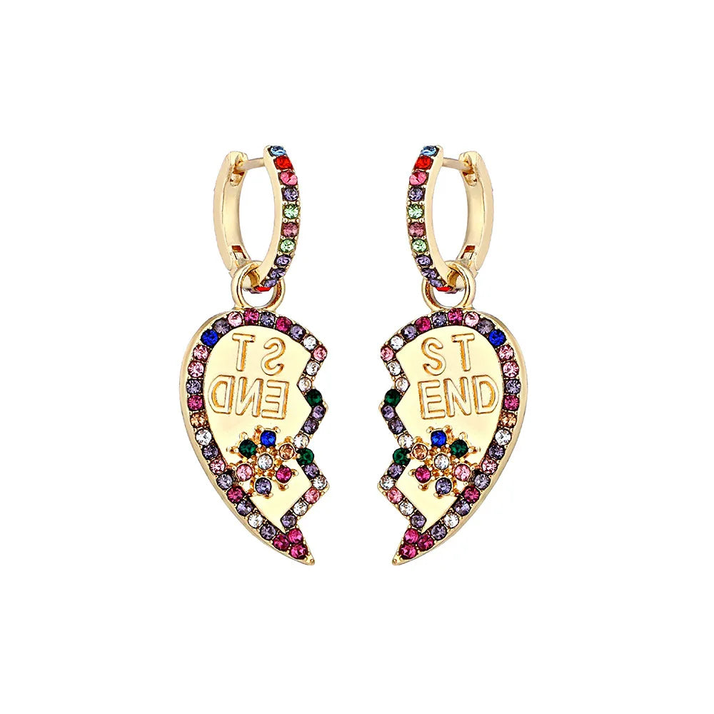 Colorful Rhinestone Best Friend Heart Brocken Statement Hanging Earrings Crystal Huggies Circle Hoop Earrings Jewelry