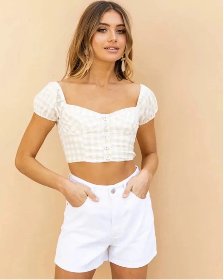 Ladies' Elegant Rayon & Cotton Blouse with Square Collar Plaid Casual Streetwear Breathable Crop Top for Summer