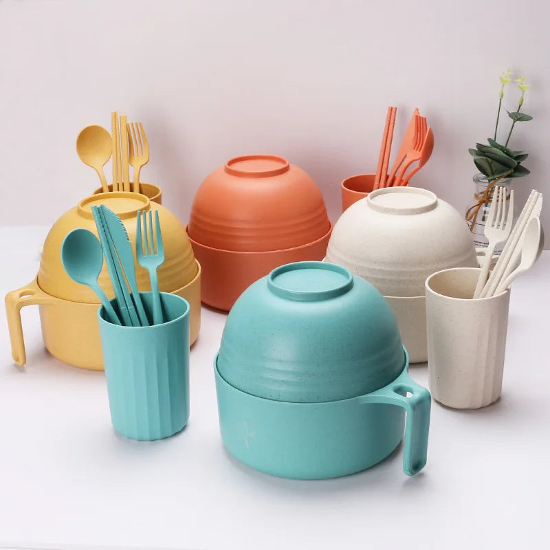 Hot Sell Unbreakable Degradable Large Instant Noodle Bowls with Lid and Handle Wheat Straw Dinnerware