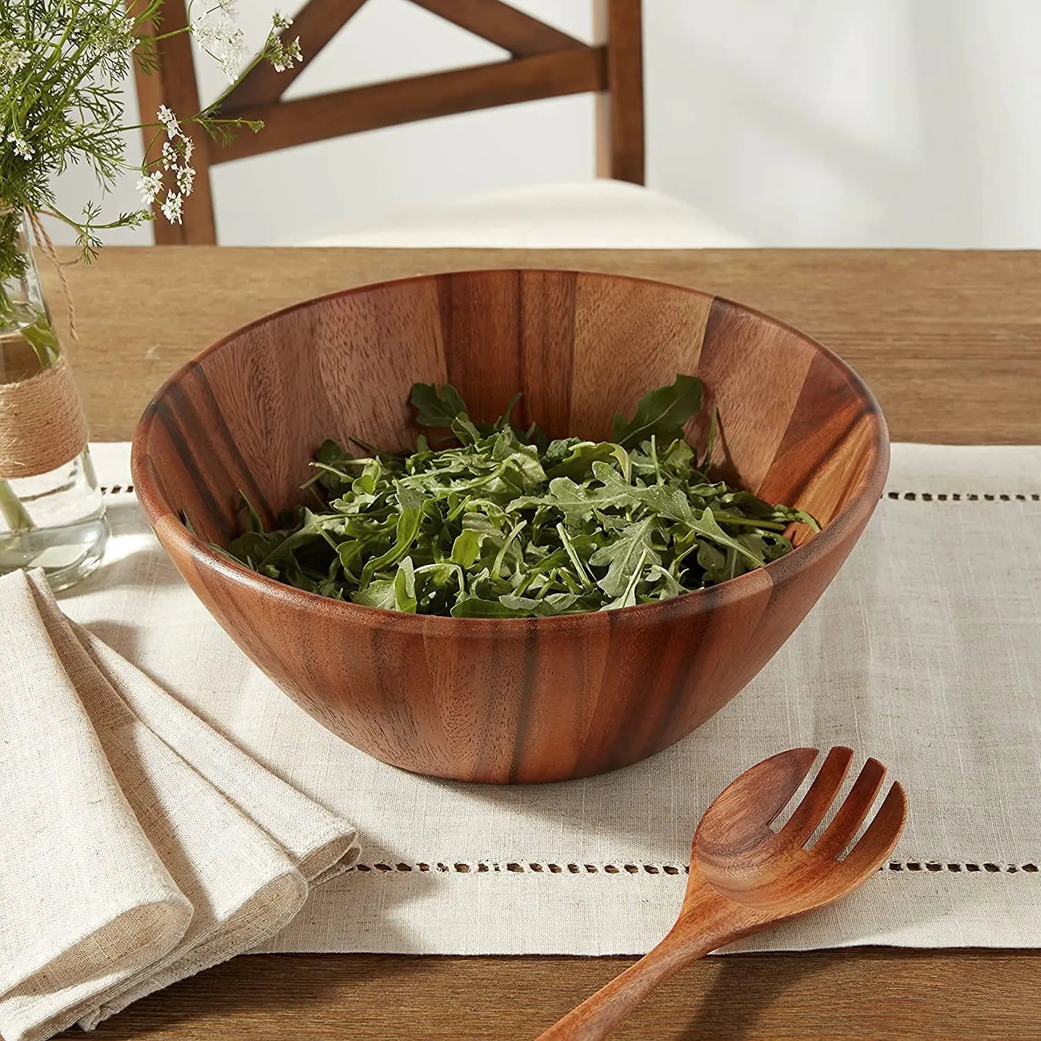 Modern Round Acacia Wood Serving Bowl with Eco-friendly Wood Spoon for Fruits Salads Dough Decorative Bowl