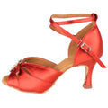 Red Satin Professional Latin Salsa Ballroom Dance Shoes for Women with 7cm Heel Height for Indoor Dancing