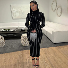 Women's 2024 Spring Clothes Fashion Lady Elegant Diamond Slim High Neck Long Sleeve Midi Dress
