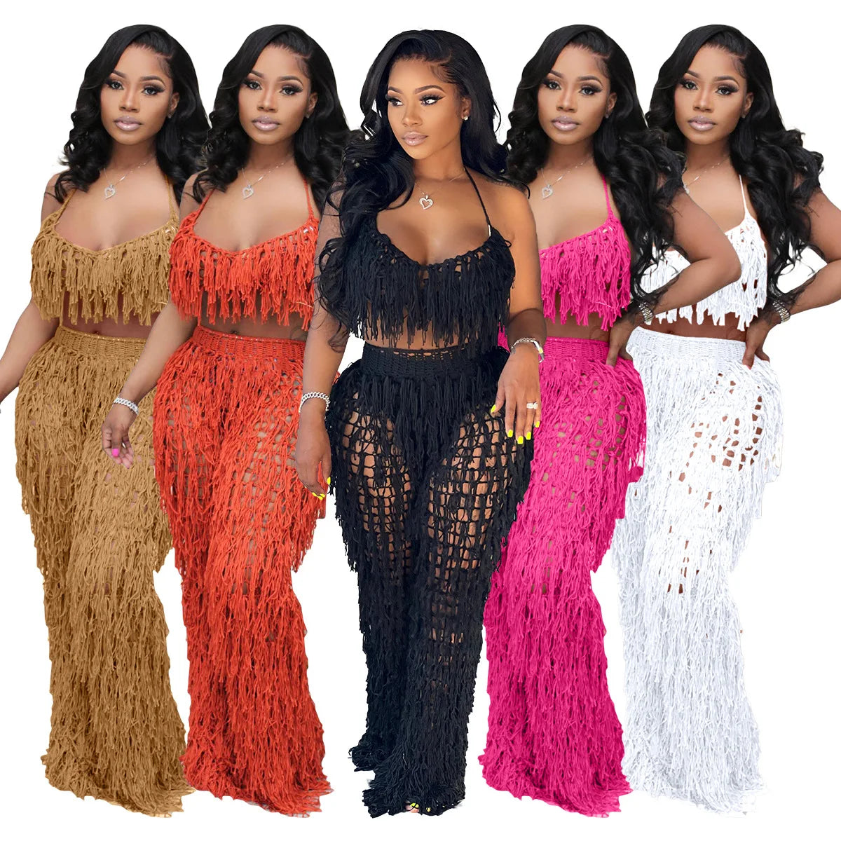 2022 Summer Bodycon See Through Knit Tassel Crop Top and Pants Two Piece Clothing Set Women
