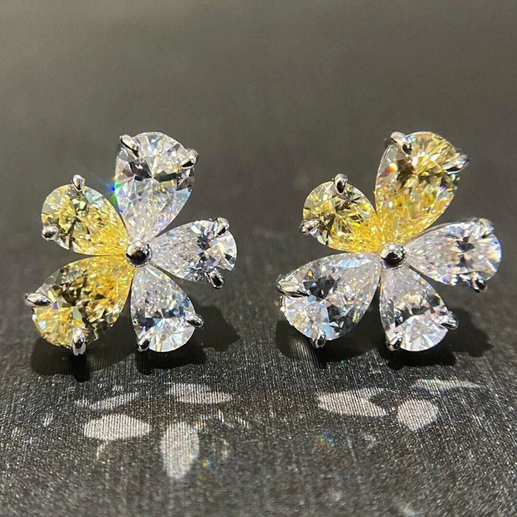 CAOSHI Fashion Flowers Design White/Yellow Crystal Cubic Zirconia Earrings for Trendy Wedding Silver Plated Stud Earrings Women
