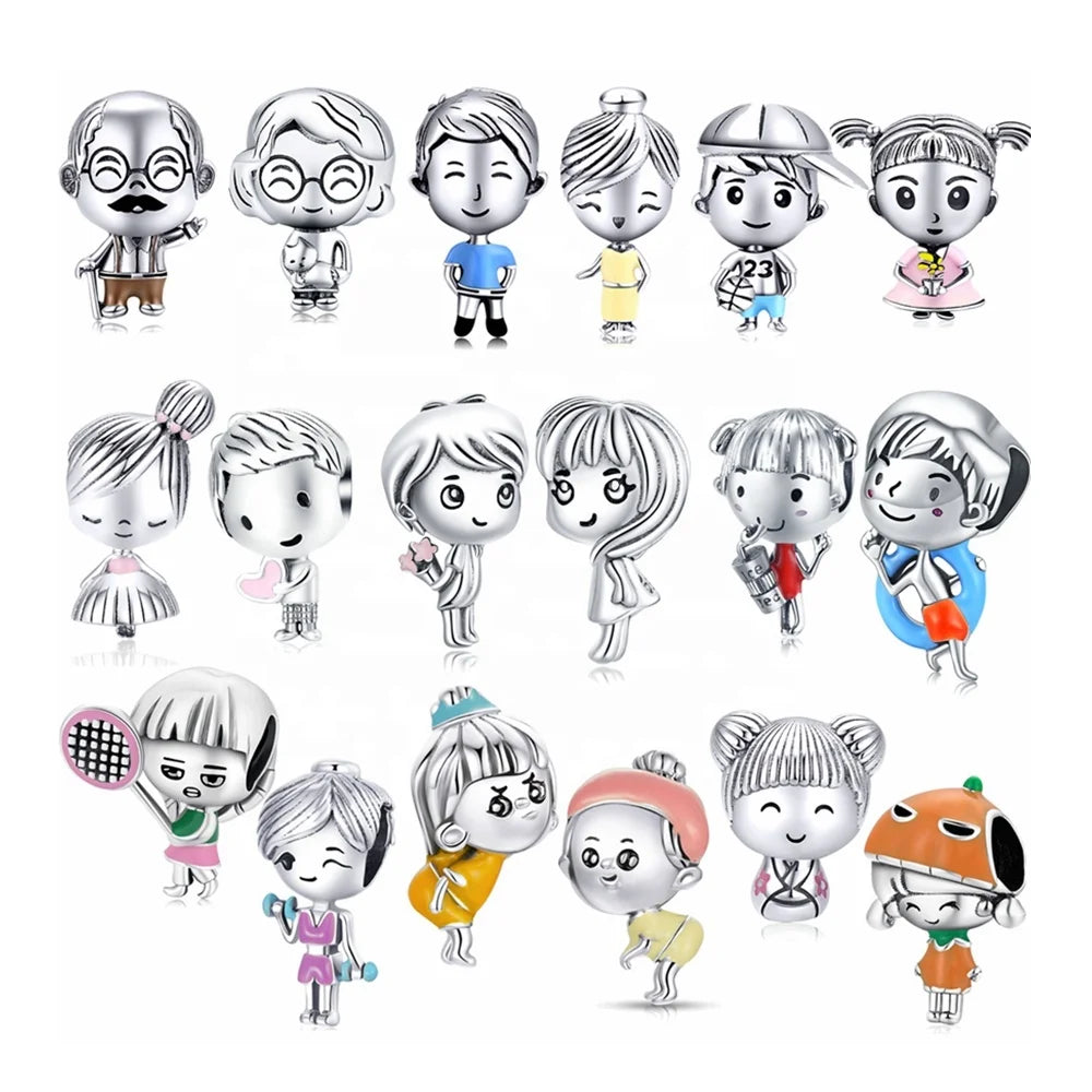 Girl Boy Cute Cartoon Platinum Plated Sterling Silver Charms for Jewelry Making