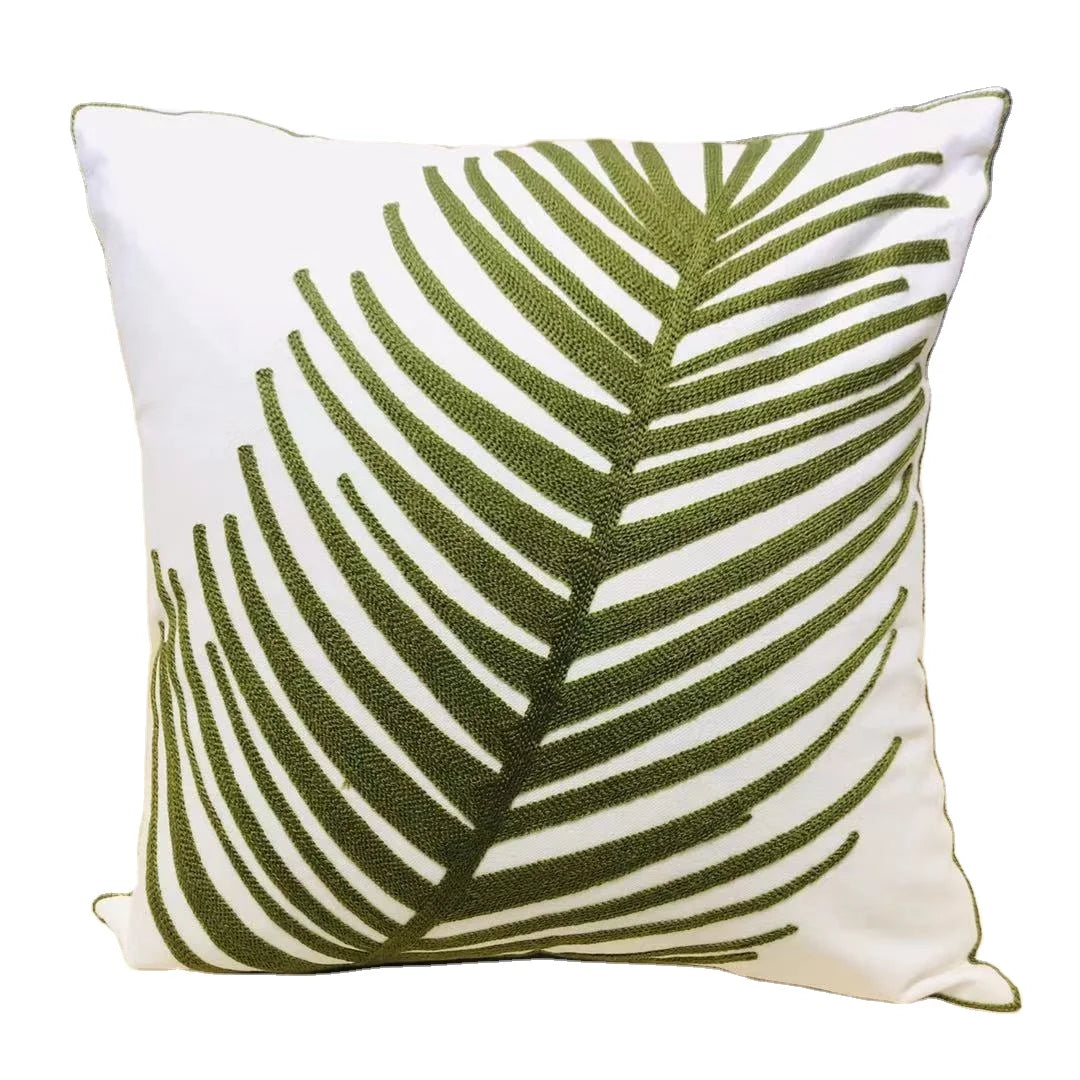 Canvas Fabric with  Leaf Embroidery Square Pillow Cover Living Room Sofa Cushion Cover Without Core 45*45cm