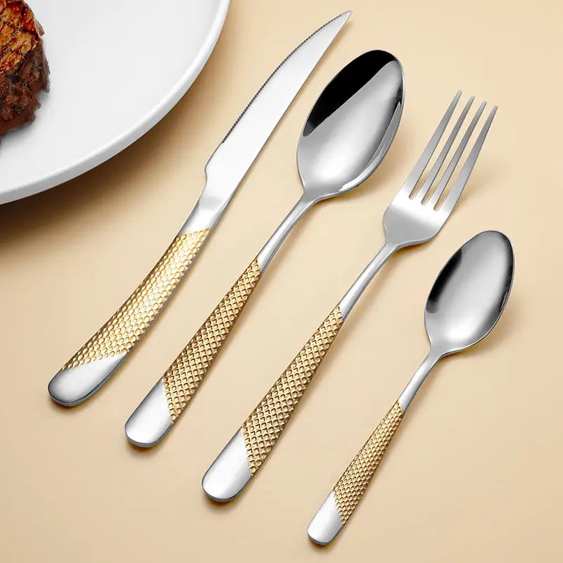 Stainless Steel Mirror Polish Eco-Friendly Hammered Restaurant Cutlery Set Silverware Wedding Gold Flatware Sets for Presents