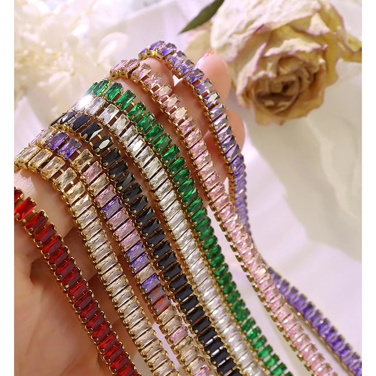 8 Colors Linked Rectangle Cubic Zircon Tennis Chain Bracelet Stainless Steel Bracelets for Women Colorful Statement Jewelry Set