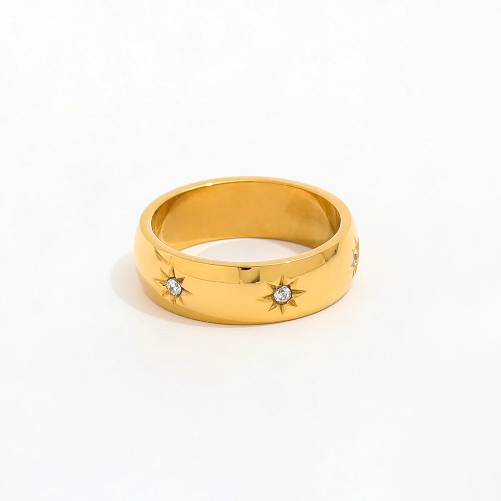 Fenny 18K Gold Plated Classic Simple Zirconia Star Burst Stainless Steel Ring Trend for Women Wholesale Jewelry