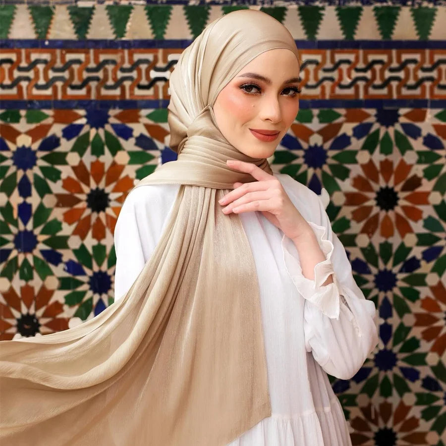 Newest Arrive Malaysia Women Long Fashion Plain Muslim Pleated Glitter Shimmer Chiffon Hijab Silk Shawl