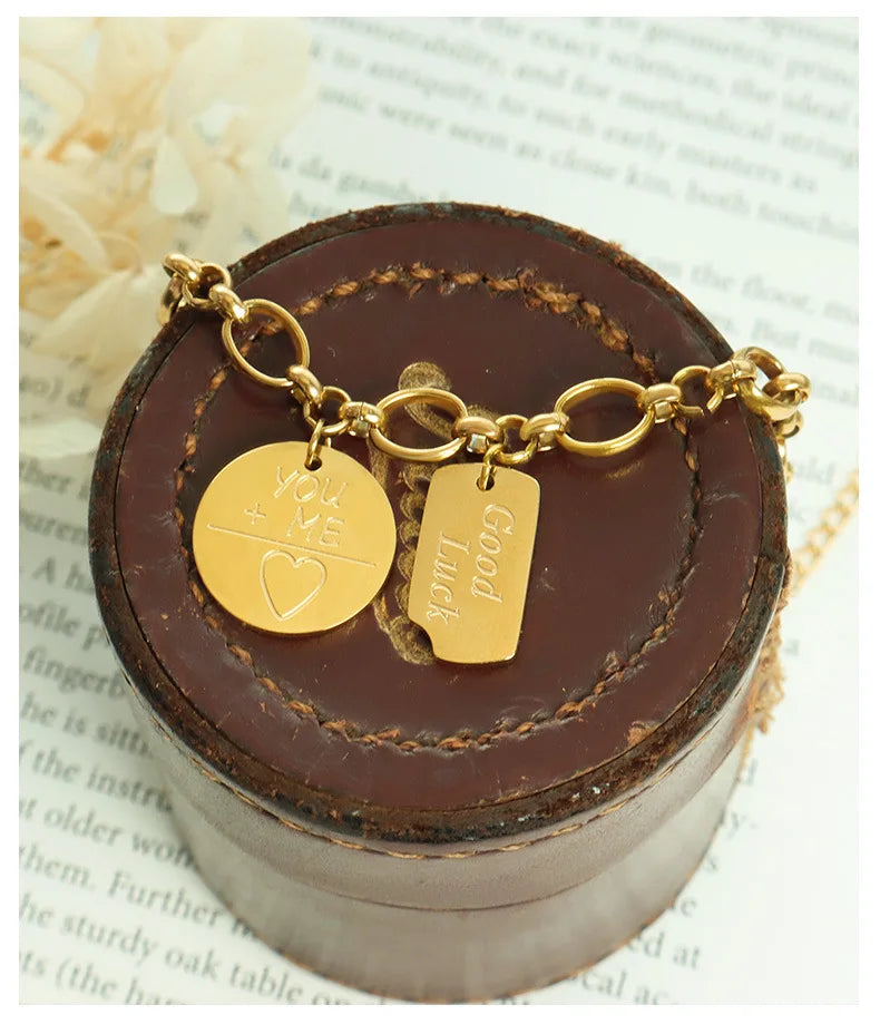 Hip-hop 18K Gold Stainless Steel Square Round Pendant Bracelet Marka Punk Bangle Valentine's Day Gift Women Men