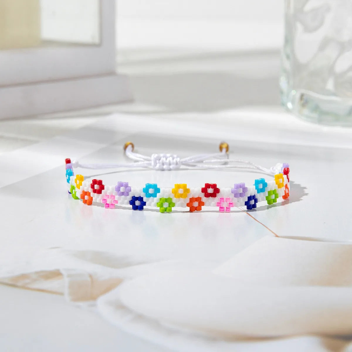 Handmade Bohemian Multicolor Beaded Bracelet for Women Adjustable Floral Shape Pattern Summer Accessories Perfect Gift Idea