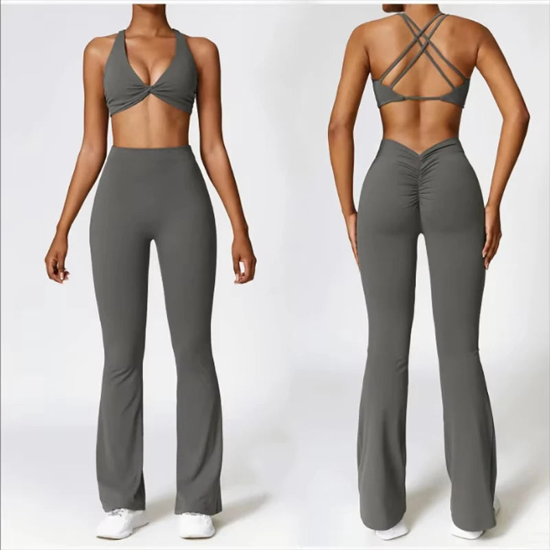 Custom Lightweight 2pcs Yoga Set-Solid Athletic Sports Bra Flared Pants Scrunch Butt Leggings Gym Workout Outfits Breathable