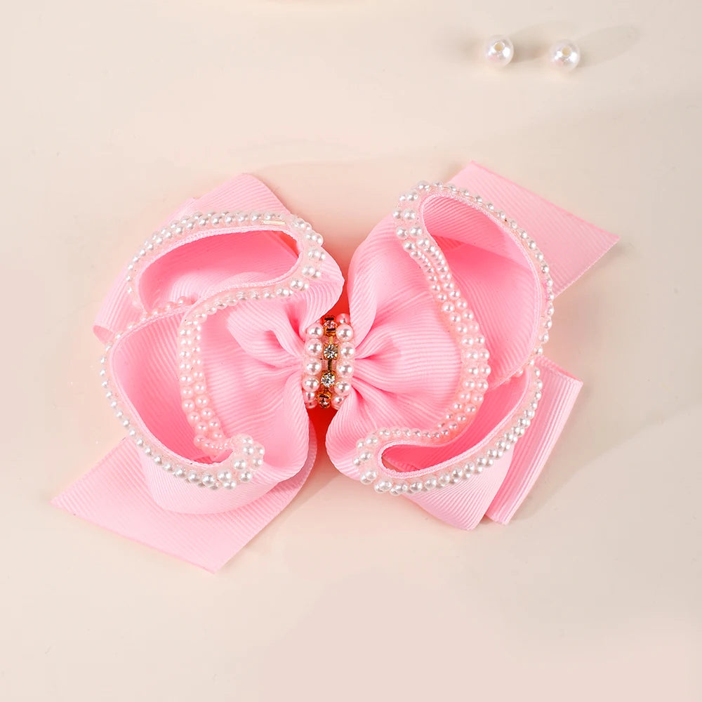 CN 5.5Inch Sweet Pink Boutique Pearl Hair Bow Clip Handmade Polyurethane Grosgrain Ribbon Rhinestone for Girls Daily Use