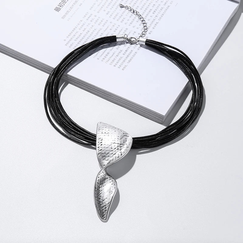 Multi Leather Cord  Antic Silver Irregular Geometric Pendant Women Chunky Metal Statement Necklace