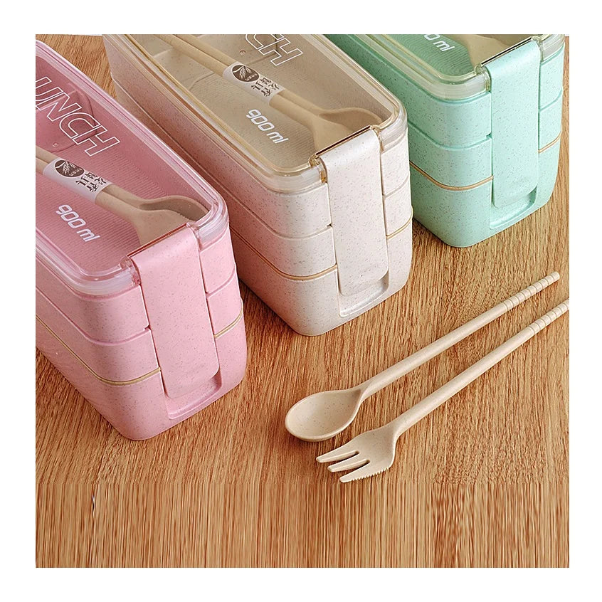 Creative Wheat Straw Three-layer Student Lunch Box Outdoor Picnic Lunch Box Bento Degradable Lunch Box for Kids