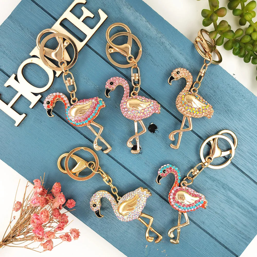 Pink Flamingo Alloy Rhinestones Keyring Gold Sparkling Charm Keychain Pendant for Purse Backpack Handbag