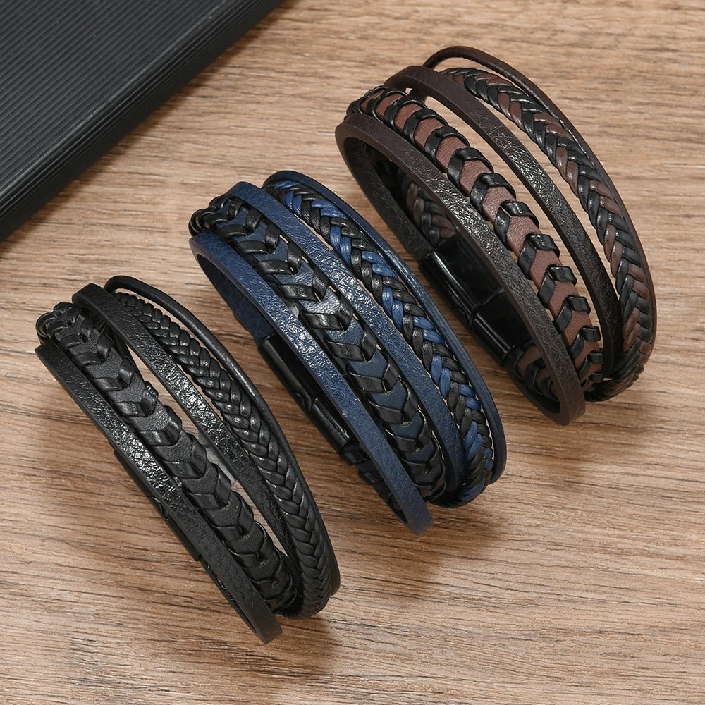 Wholesale Vintage Hhand Made Braid Wristband Jewelry Bracelets Bangles  PU and Genuine Leather Bracelet for Men
