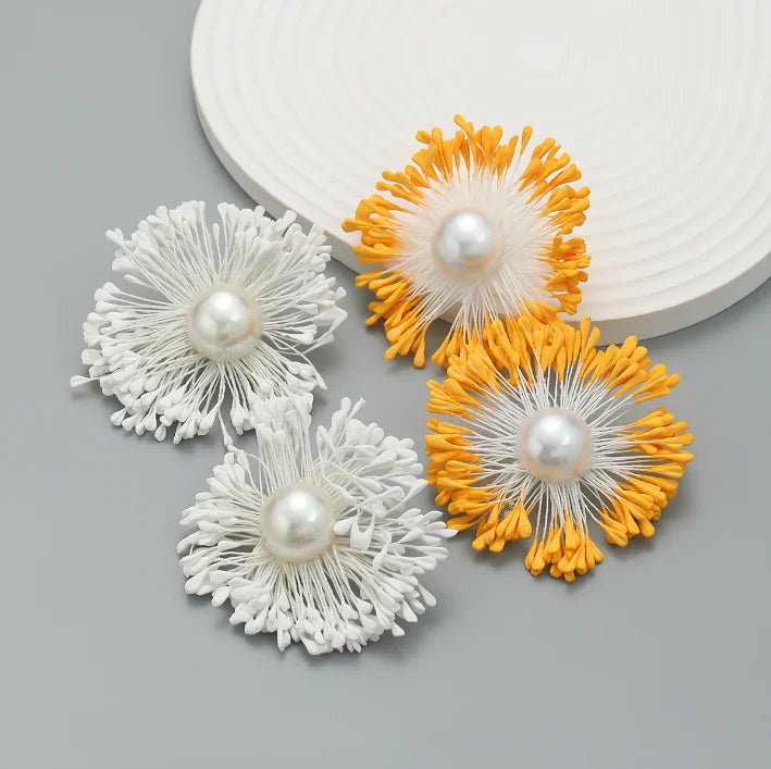 New ZA Cotton Thread Knitted Imitation Pearl Flower Earrings for Women Woven Weave Multicolor Rope Floral Drop Earring Jewelry