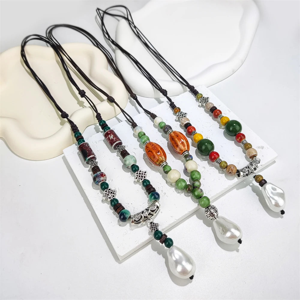 Bohemian Retro Necklace with Trendy Ceramic Beads Woven Rope and Shell Pearl Pendants Colorful Beads Handmade Gift