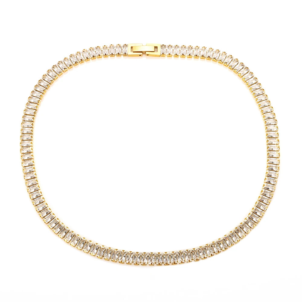 Stainless Steel Luxury Square Zircon Choker Necklace Tennis Chain Wedding Necklace for Women Fashion Jewelry Gift